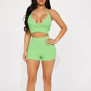 Ribbed lime green short set